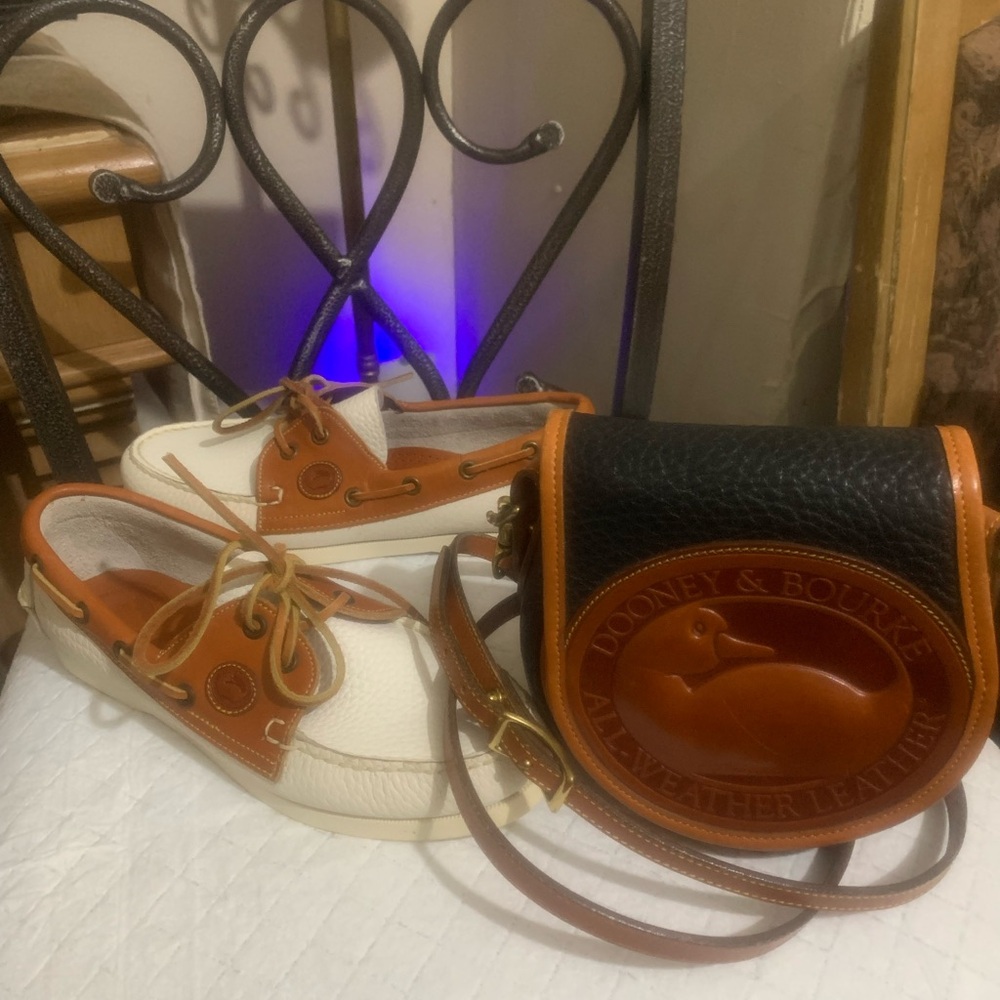 Dooney & Bourke Black and Brown Leather Bag with Cream Boat Shoes